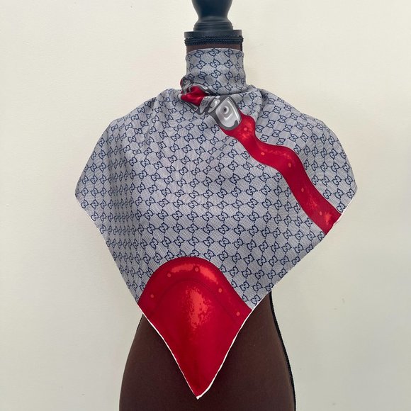 New Gucci Logo Blue Red Travel Luggage Silk Scarf Wrap with Gucci Gift Box - Picture 1 of 13